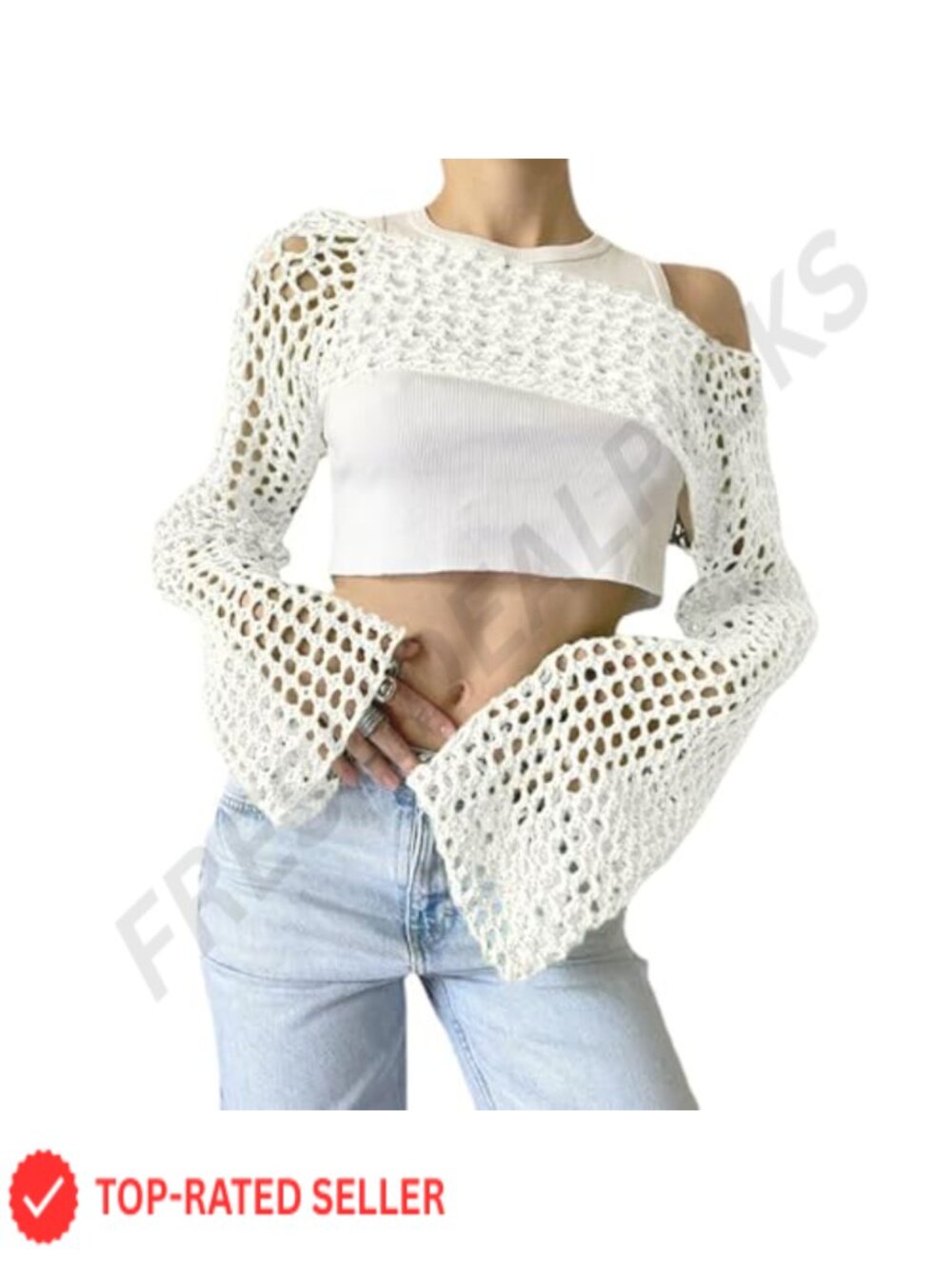 Mesh Crochet Crop Top Long Sleeve Beach Cover Up Hollow Out Pullover